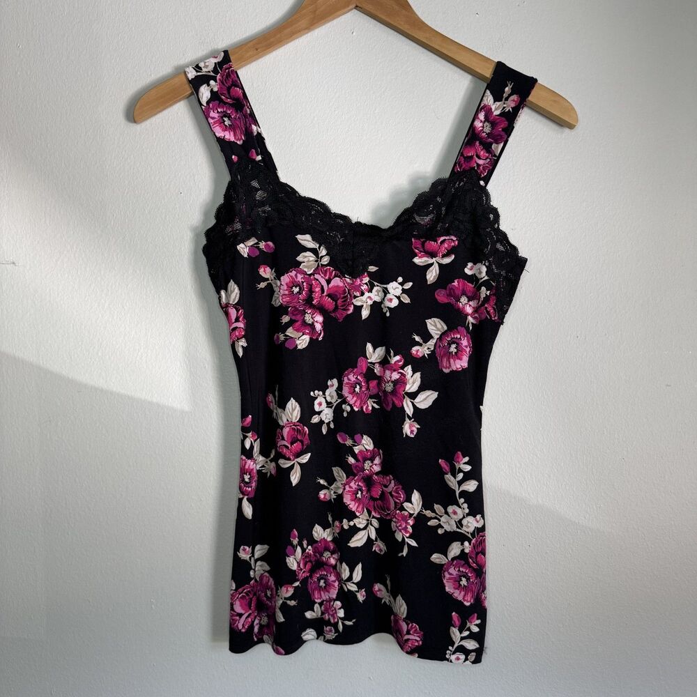 White House Black Market Floral Lace Trim Tank Top Pink Rose Whimsygoth Size XS